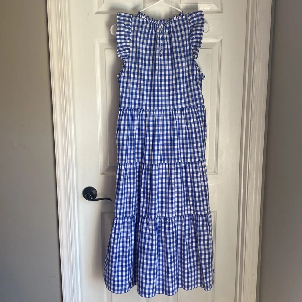 J. Crew Blue and White Gingham Tiered Midi Dress